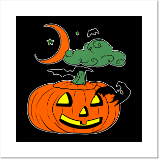 Cartoon Pumpkin Bats Clouds and Moon Posters and Art